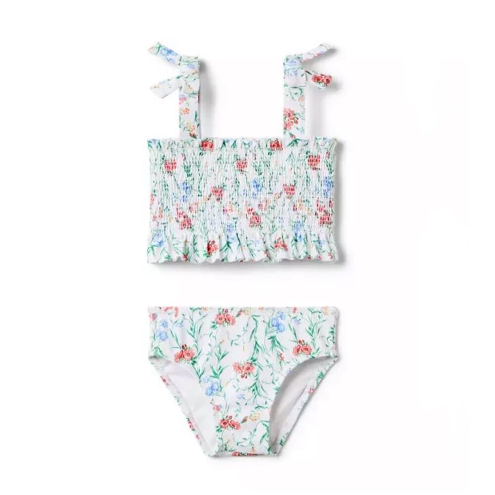 Janie & Jack Recycled Floral Smocked 2-Piece Swimsuit White Floral Size 6 Girls